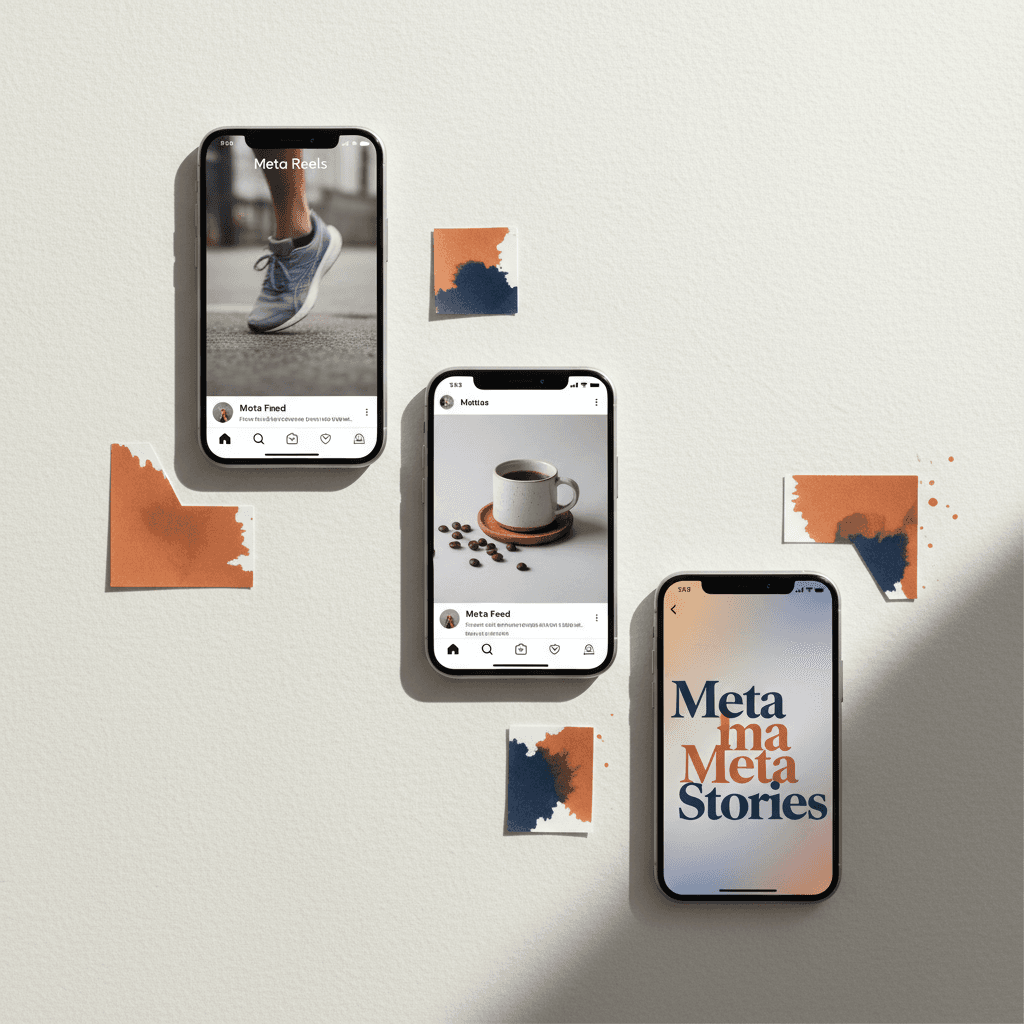 Editorial flat lay of three phone frames showing a Reel, a Feed post, and a Stories ad, arranged on a warm white Nordic studio surface with burnt orange and deep ink accents.