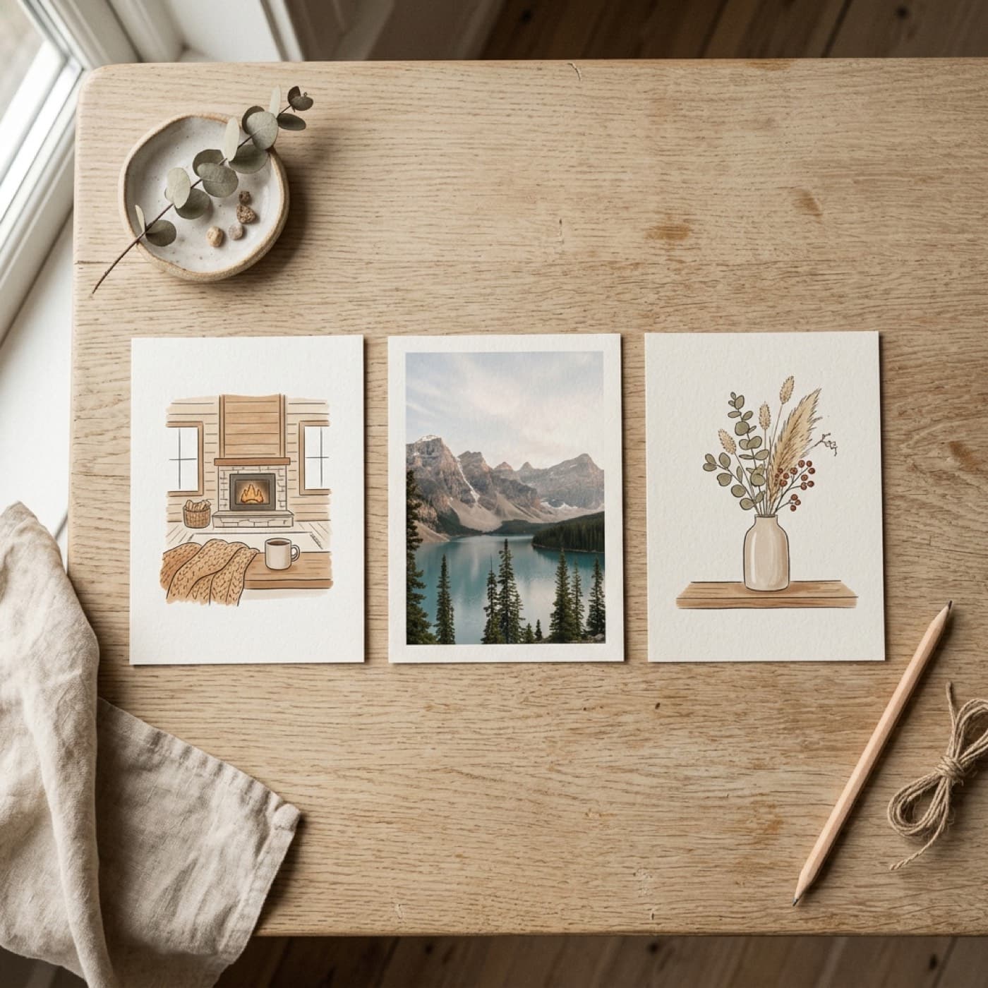 Editorial overhead flat lay of three labeled paper cards (DIY, retainer, agency), a brass calculator, and a small stack of receipts on a warm off-white Nordic studio surface with burnt orange and deep ink accents.