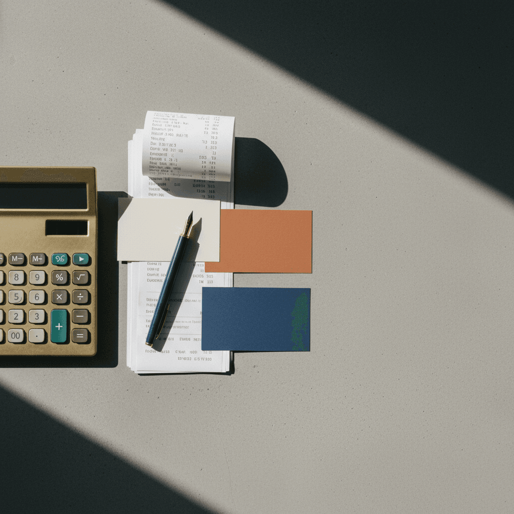 Editorial flat lay of a brass calculator, stacked receipts, and three small product cards on a warm white Nordic studio surface with burnt orange and deep ink accents.