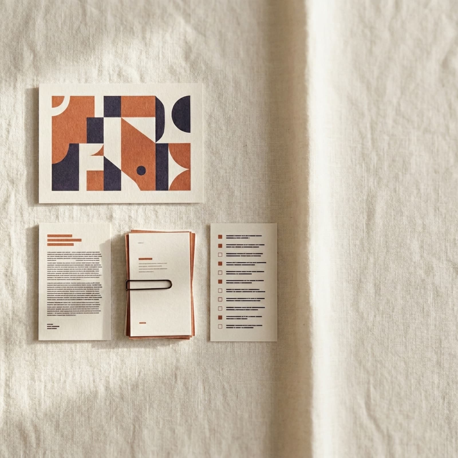 Editorial overhead flat lay of a brand lock kit on warm off-white linen: a printed hero reference card, a typeset style prompt card, a stack of negative prompt entries, and a 12 point checklist with burnt orange and deep ink accents.