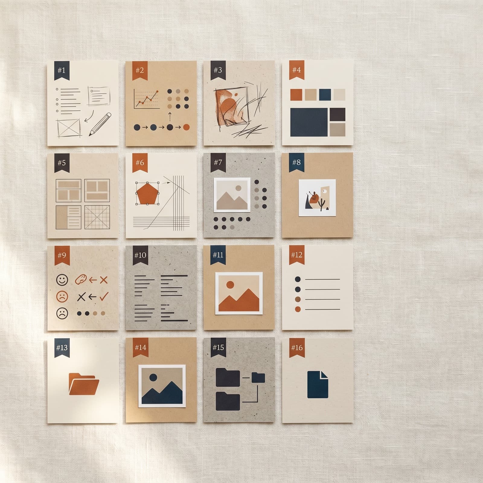 Editorial overhead composition of a five layer modular grid of paper layout boards, ratio cards, brass ratio rulers, and a weekly planner on a warm off-white Nordic studio surface with burnt orange and deep ink accents.