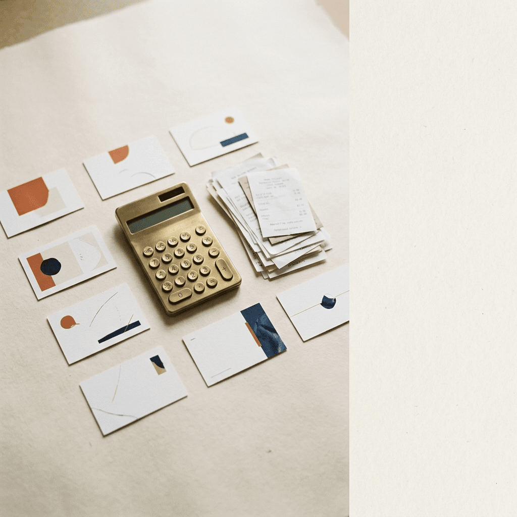 Editorial overhead flat lay of seven small printed ad asset cards labelled with euro prices, a brass calculator, and a stack of receipts on a warm off-white Nordic studio surface with burnt orange and deep ink colour accents.
