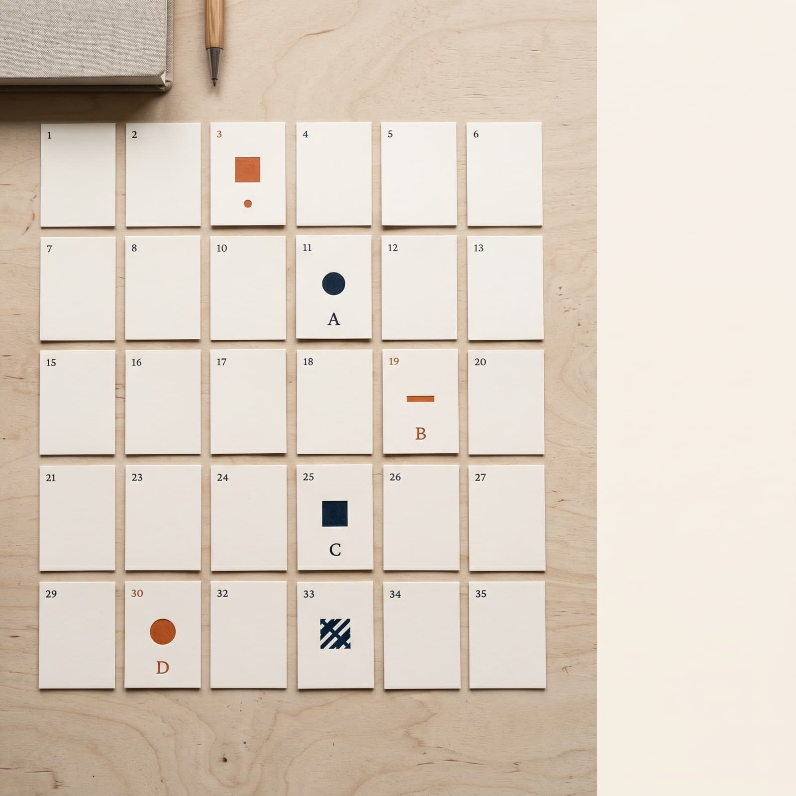 Editorial overhead flat lay of a 5 by 7 grid of small paper cards with subtle orange and ink markings on a warm off-white Nordic studio surface, suggesting a creative testing matrix.