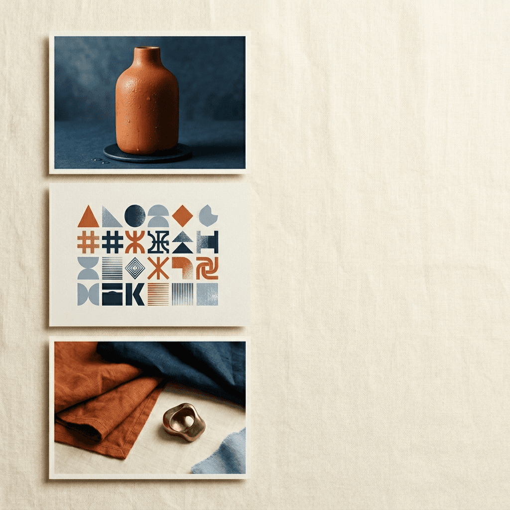 Three-panel editorial flat lay of AI-generated ad creative samples in Nordic studio light, one photorealistic product frame, one poster with headline copy, one editorial fashion frame