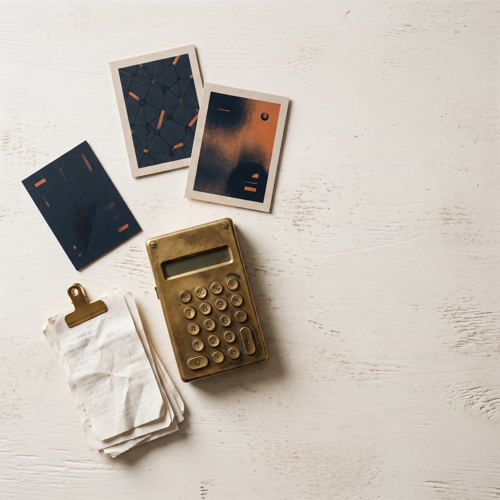 Editorial overhead flat lay of stacked SaaS invoices, a single retainer invoice, a payroll slip for a senior prompt engineer, and a small grid of AI ad variant cards on a warm off-white Nordic studio surface with burnt orange and deep ink accents.
