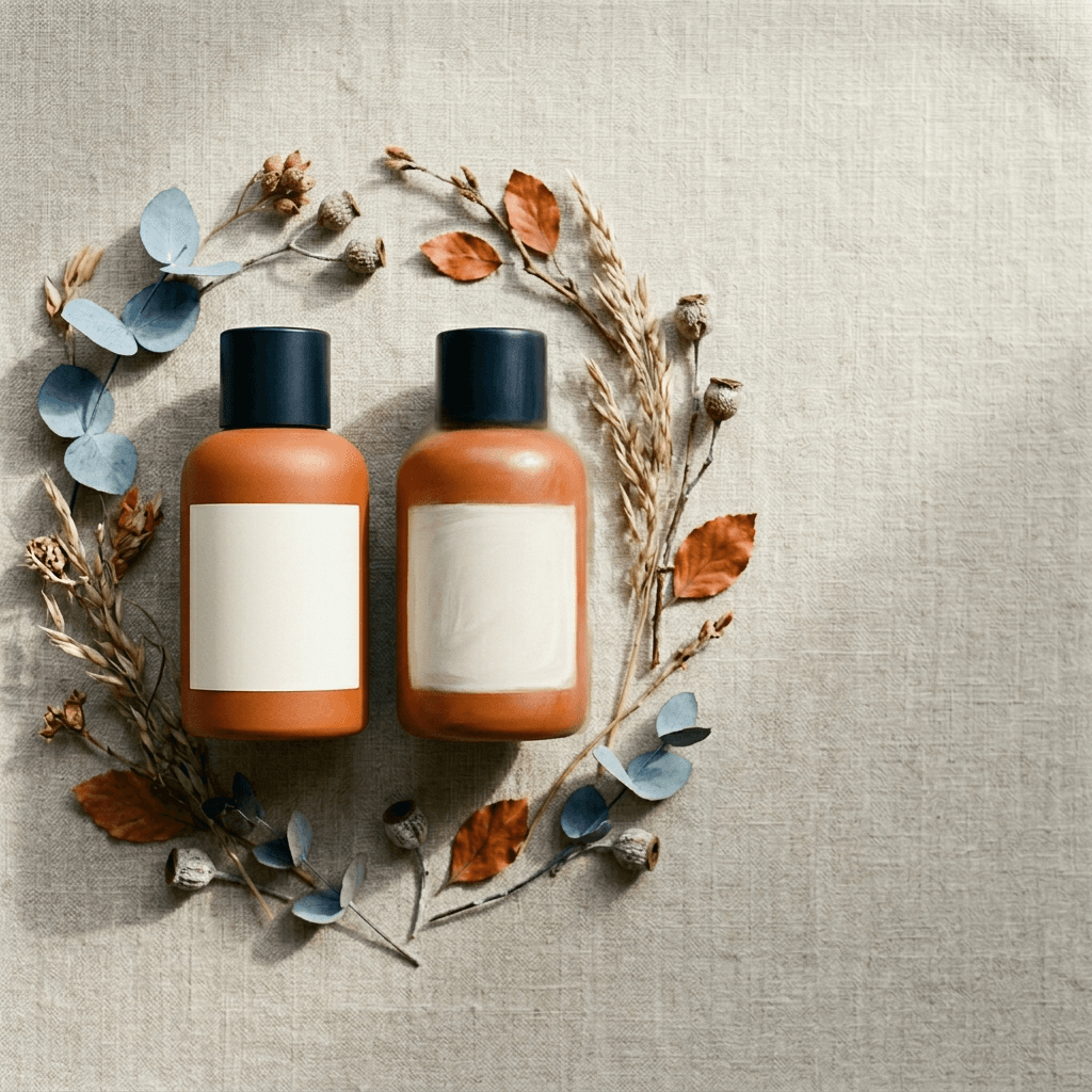 Side-by-side overhead product photography comparison of two AI-generated hero shots of the same SKU in Nordic studio lighting