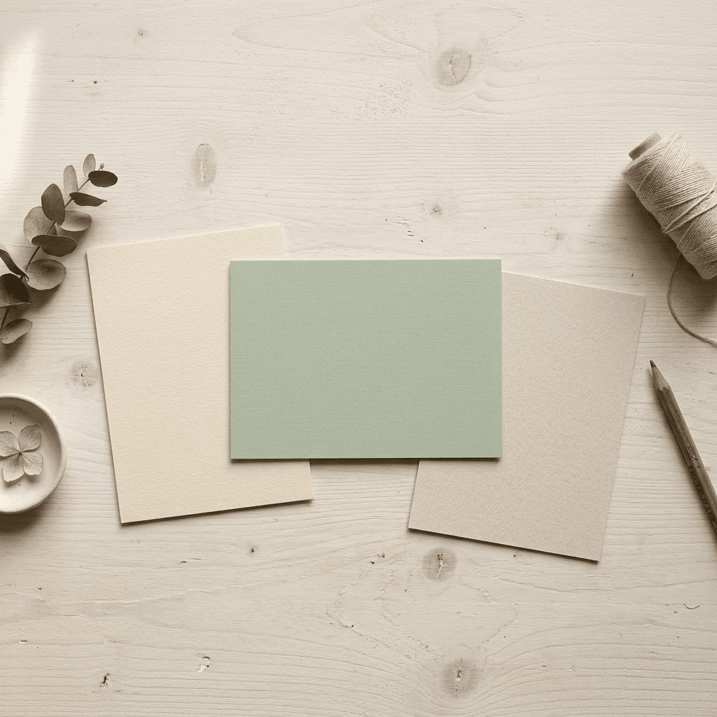 Editorial flat lay of three printed ad cards on a warm off-white Nordic studio surface, each showing a bold price callout, an offer badge, and a multi-language label