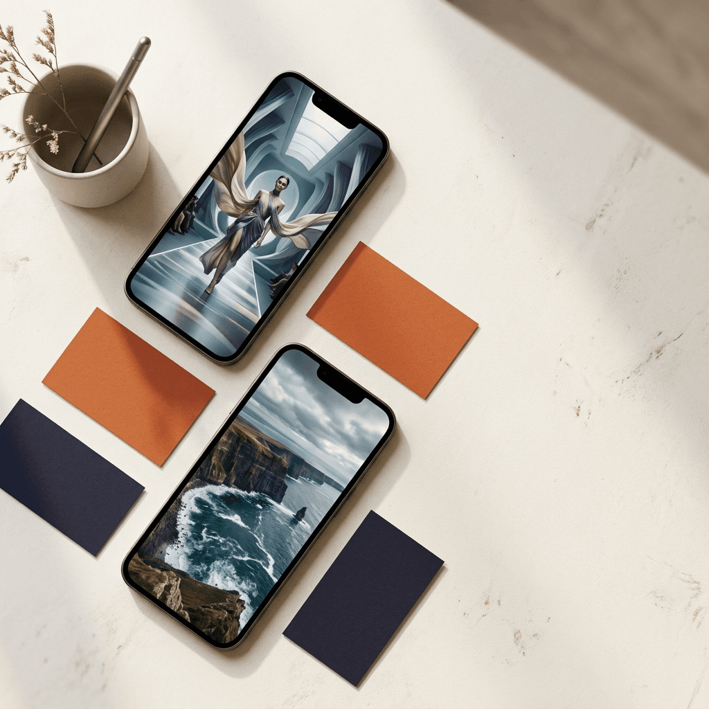 Editorial overhead flat lay of two matte film reels labeled Runway and Sora on a warm off-white Nordic studio surface with burnt orange and deep ink accents.