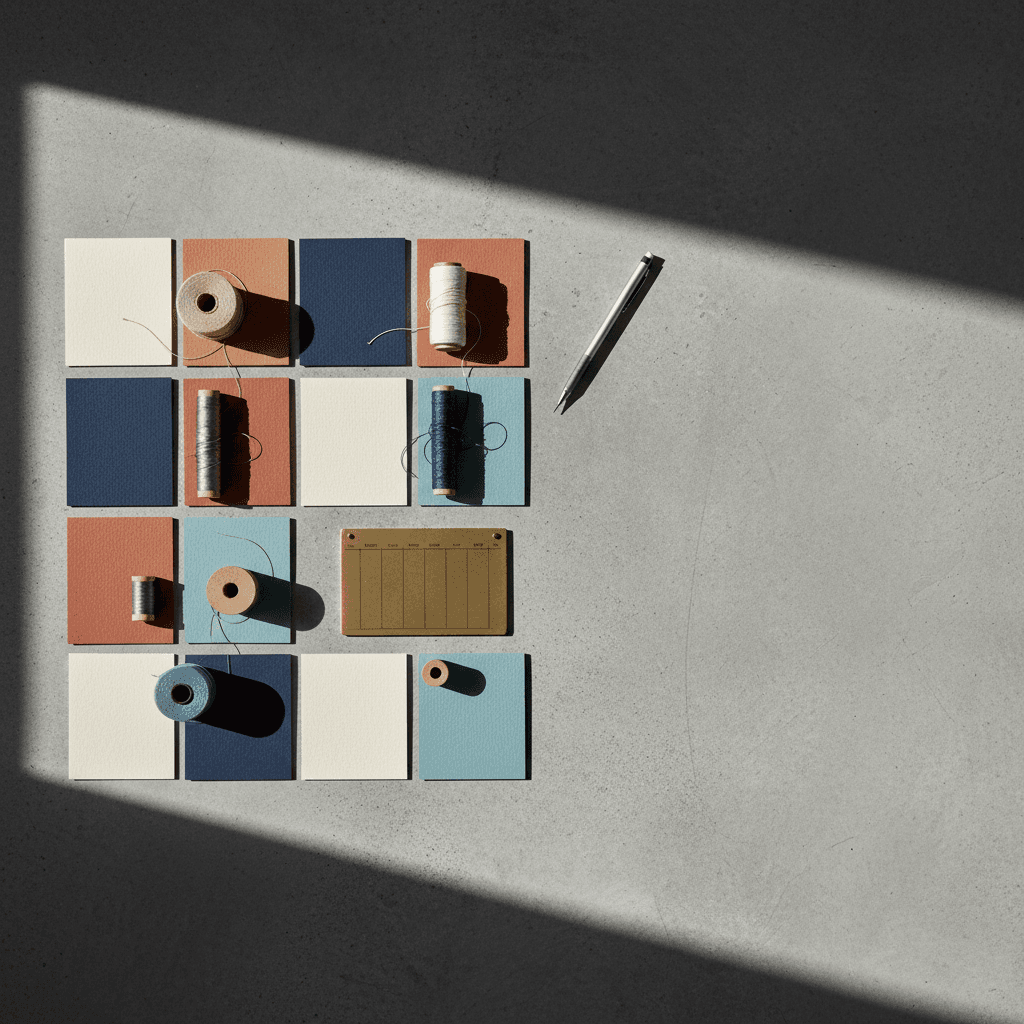 Editorial overhead composition of a modular grid of paper swatches, thread reels, and a brass weekly planner on a warm white Nordic studio surface with burnt orange and deep ink accents.