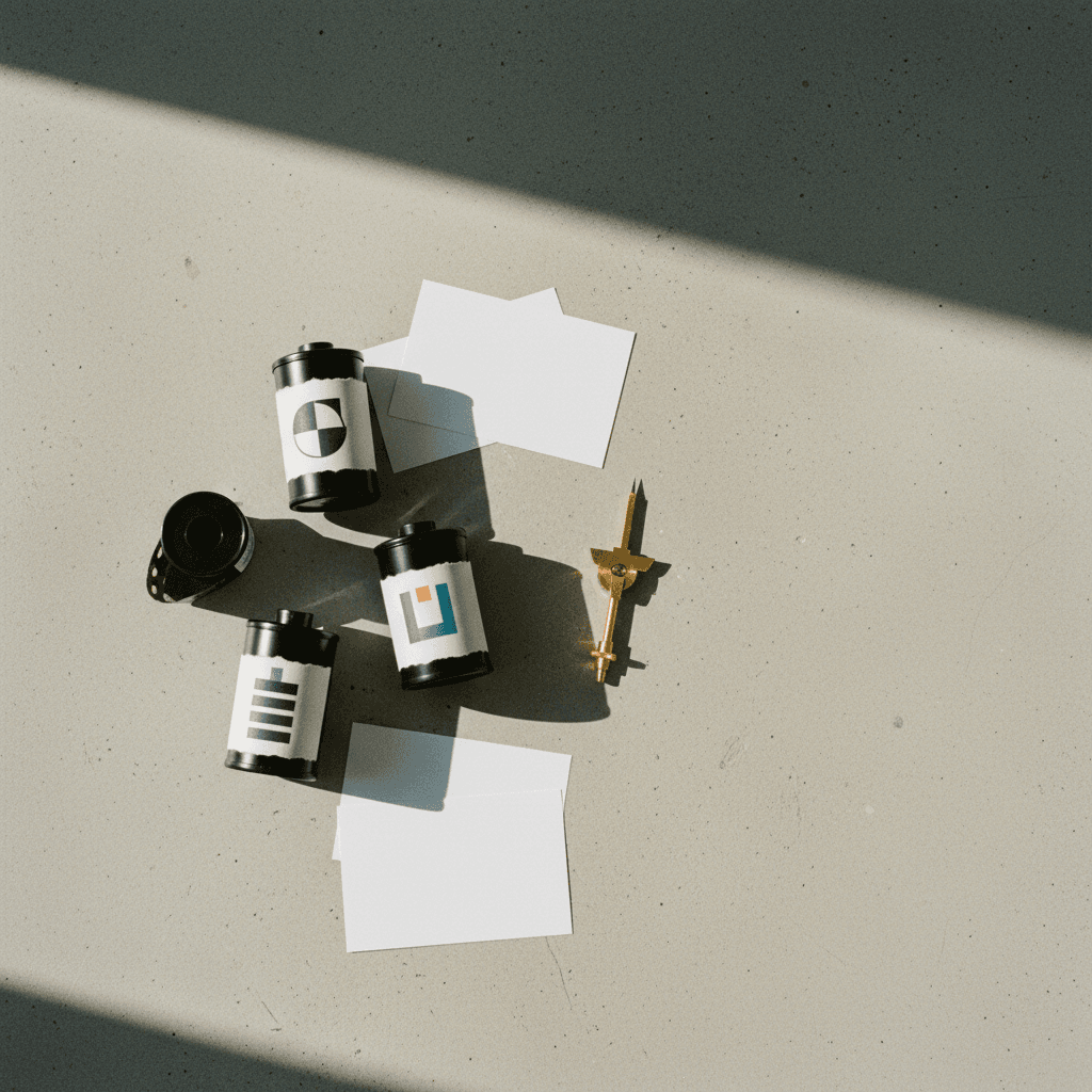 Editorial overhead flat lay of three matte film canisters labeled Sora, Veo, and Runway on a warm white Nordic studio surface with burnt orange and deep ink accents.