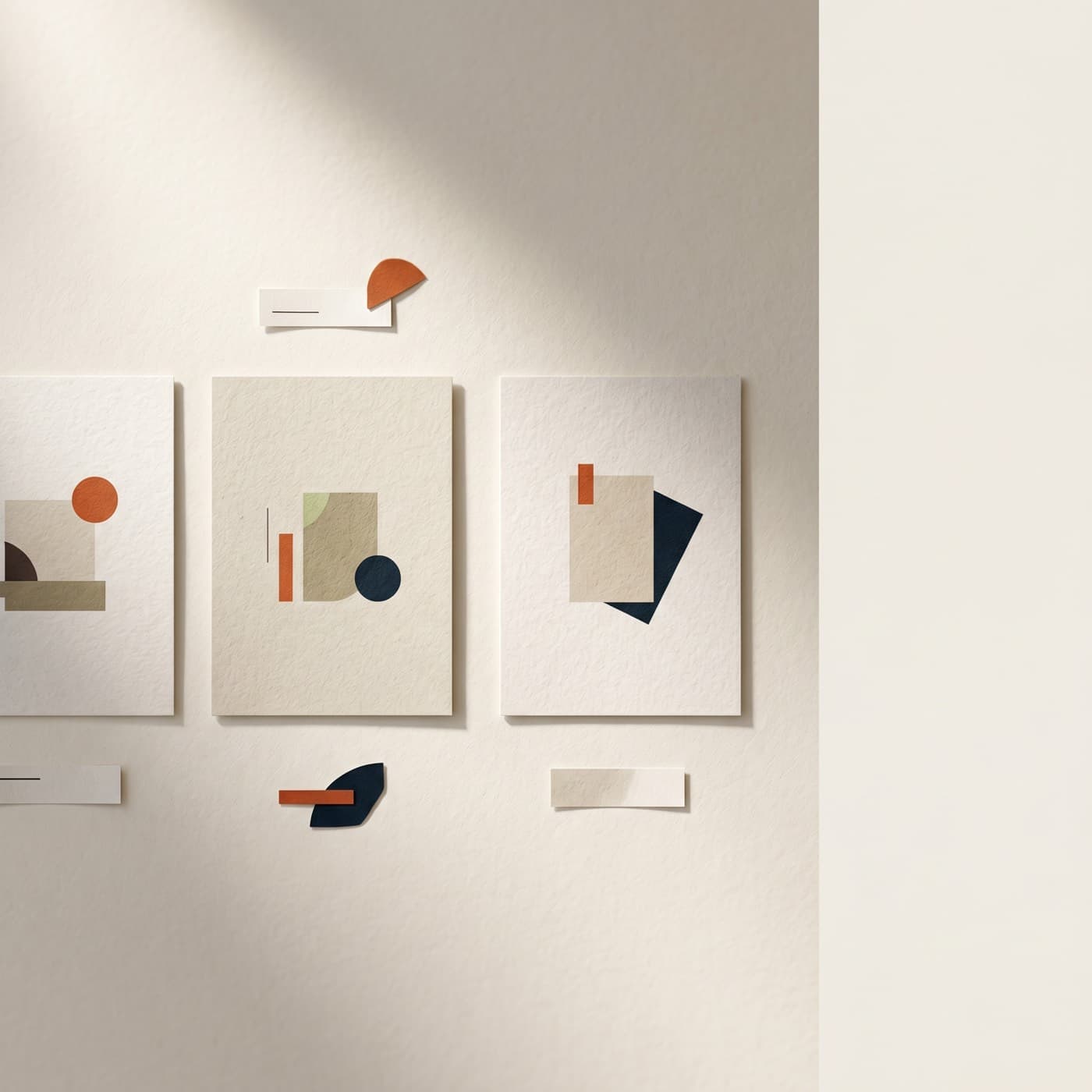 Editorial overhead flat lay of three labeled AI image model output cards next to a brand style guide and a contract page on a warm off-white Nordic studio surface.