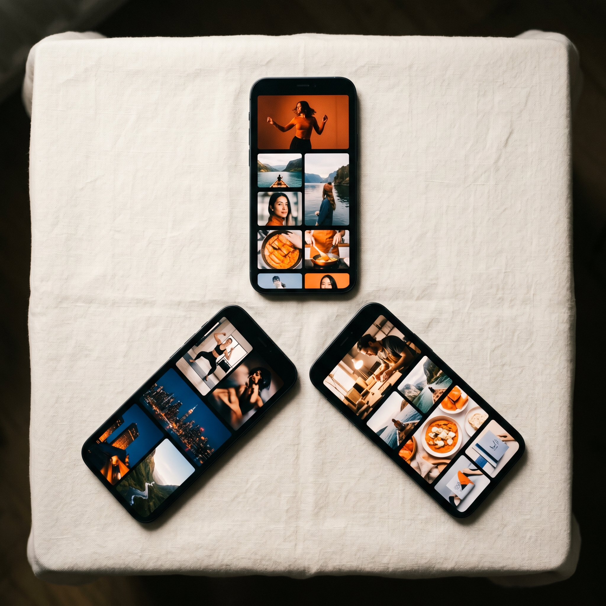 Three matte film canisters arranged on a warm white Nordic surface with directional light showing distinct shadows, representing three competing short-form video models