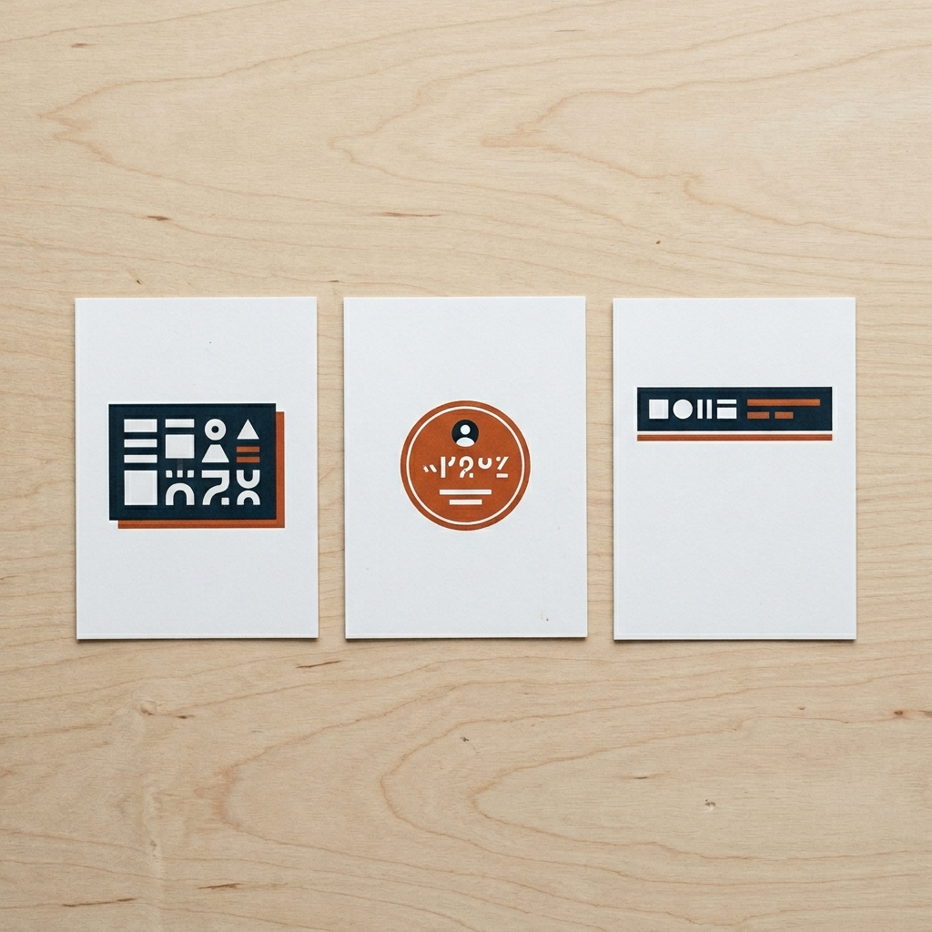 Editorial flat lay of three printed ad cards in a row, each showing an abstract block of bold copy, a small offer badge, and a clean wordmark suggestion.