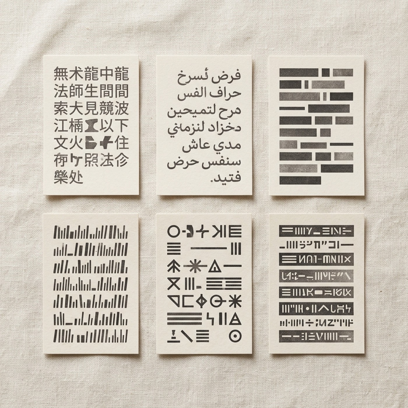 Grid of multi-language product labels with diacritics and mixed weight headlines.