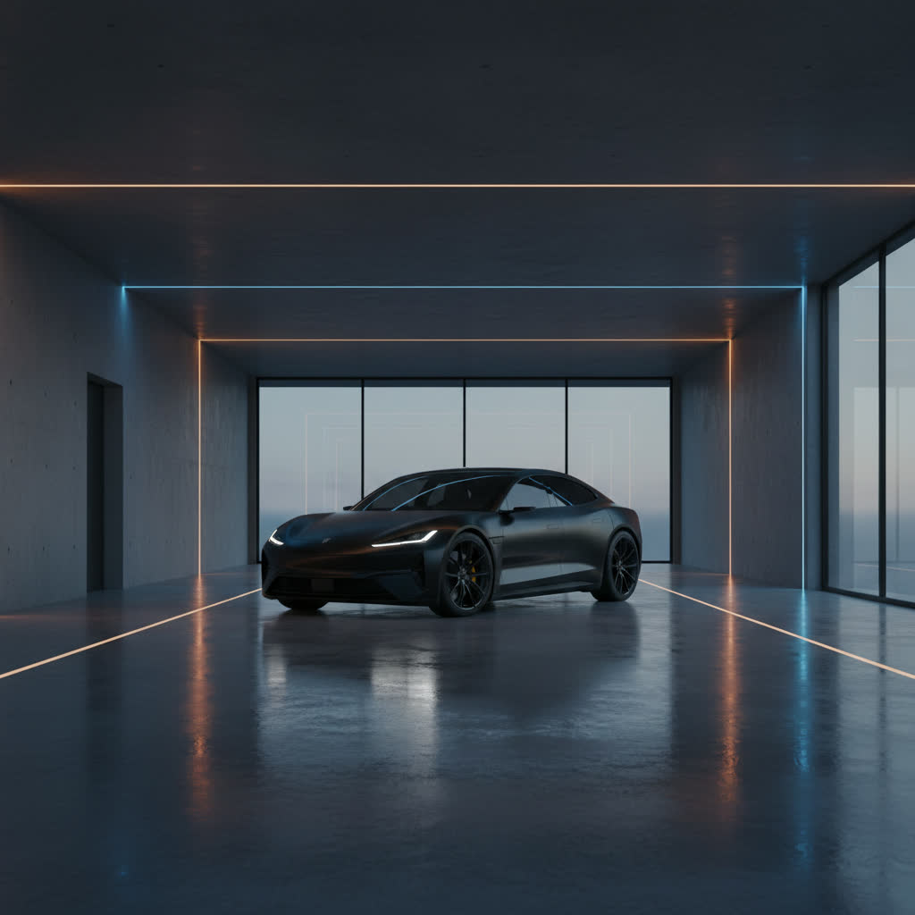 Matte black EV in minimalist Scandinavian showroom at dusk. AI-generated automotive hero