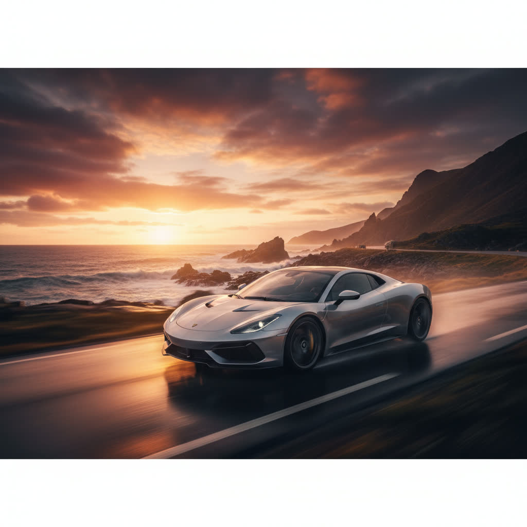 Sports car motion blur coastal action shot. AI-generated automotive advertising