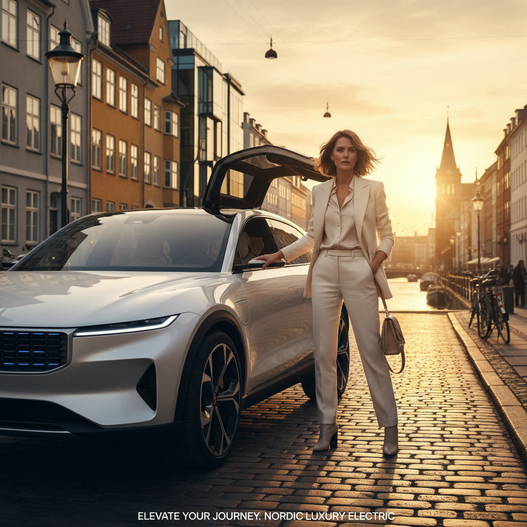 Driver with luxury EV in Copenhagen street. AI-generated vertical ad