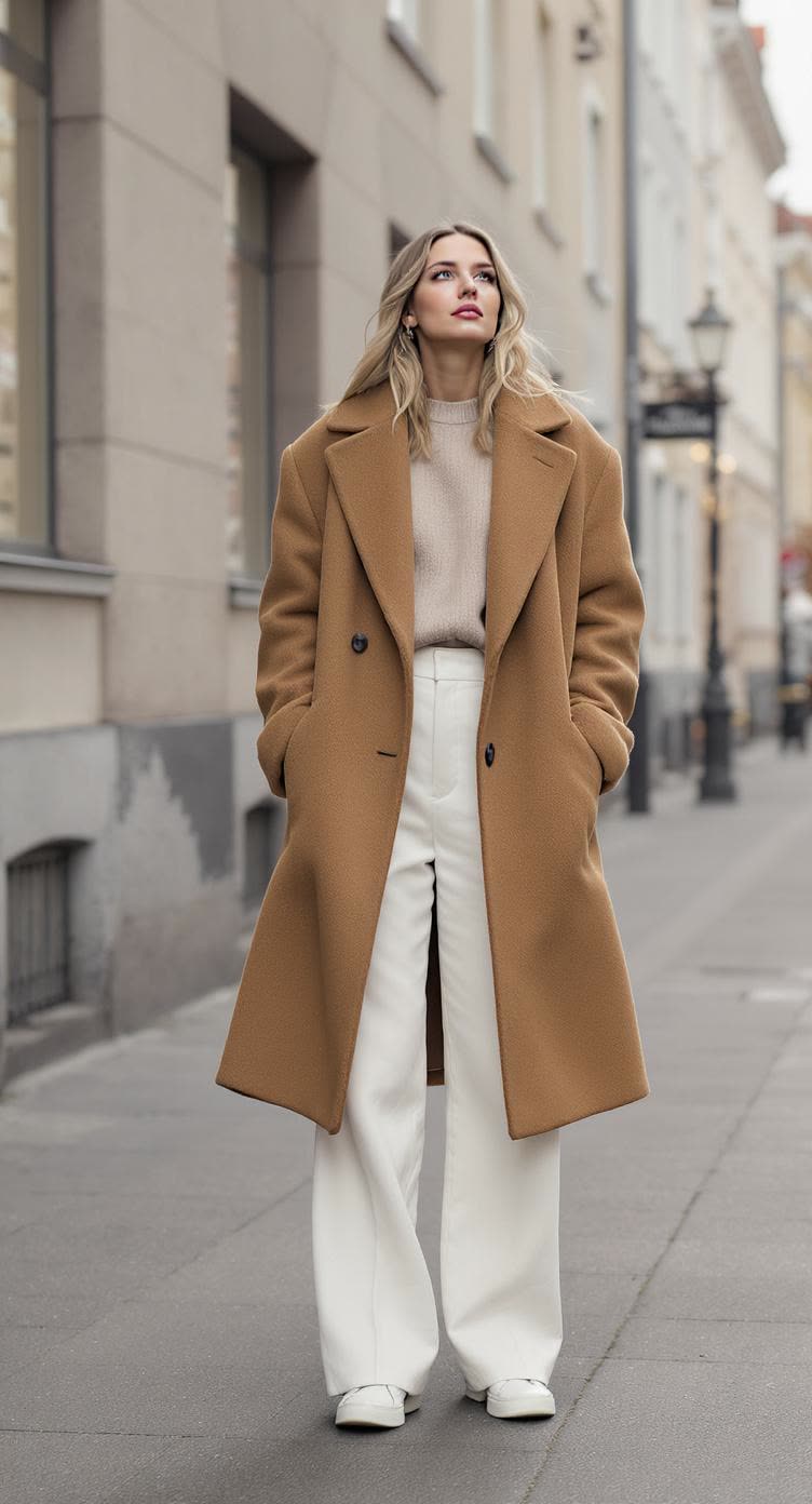 AI-generated fashion lookbook still. Editorial portrait