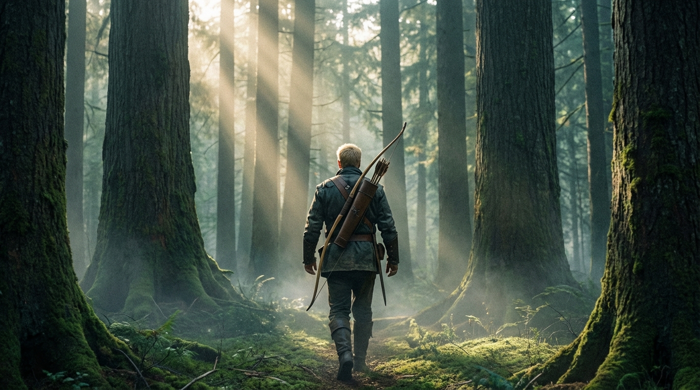 Man walking through ancient forest — AI-generated cinematic frame
