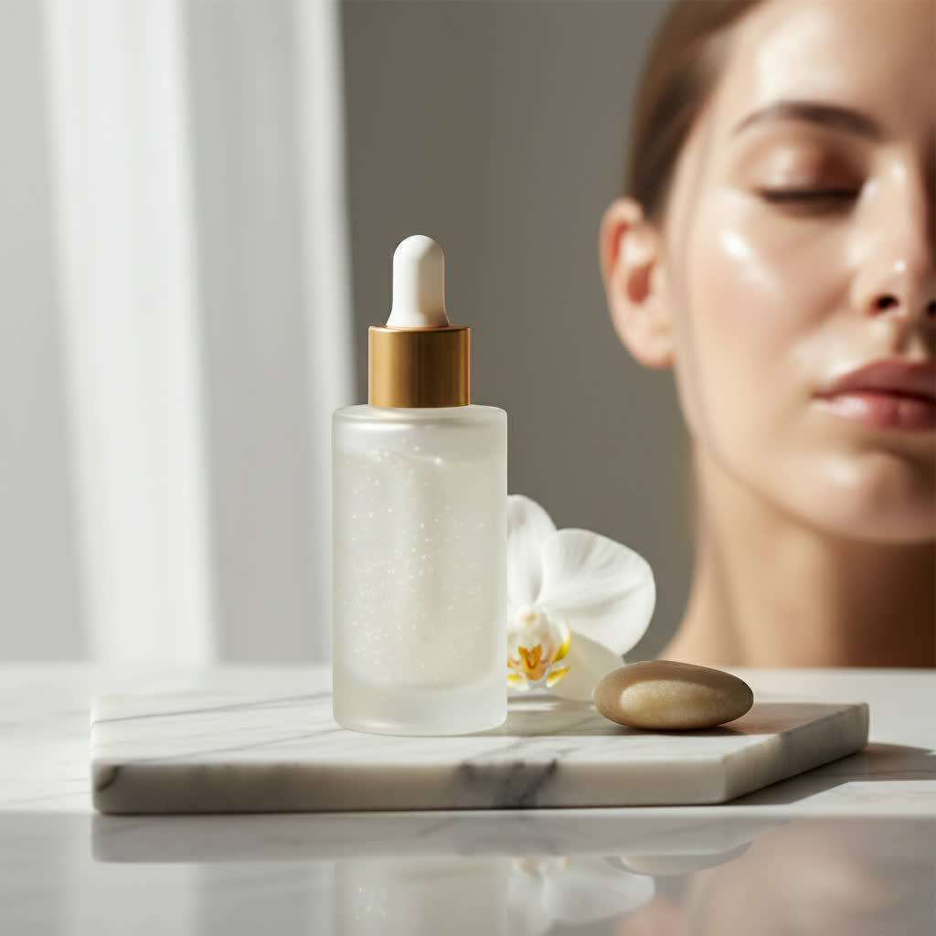 Editorial skincare hero on marble. AI-generated beauty product still