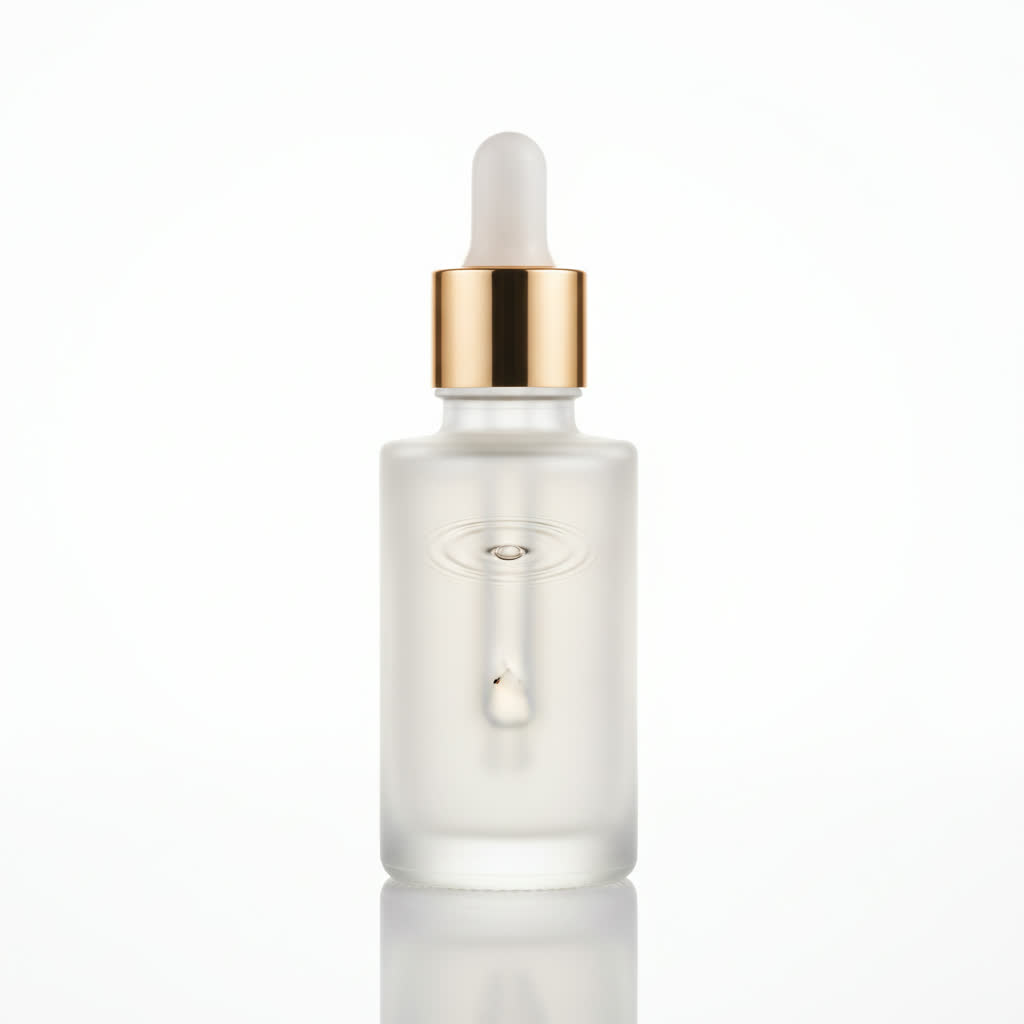 Premium skincare bottle with dropper, studio white. AI-generated commercial product