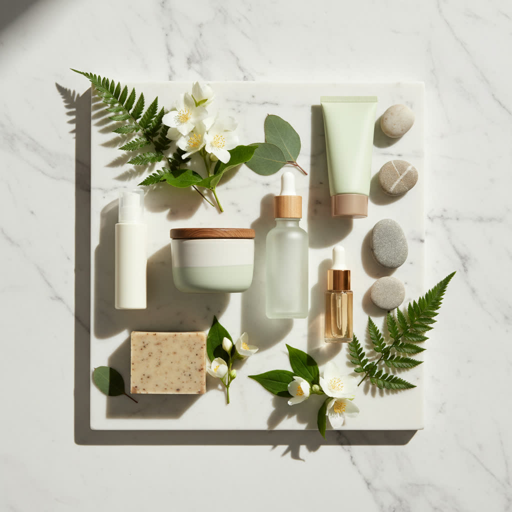 Overhead skincare flat lay with botanicals on marble. AI-generated editorial
