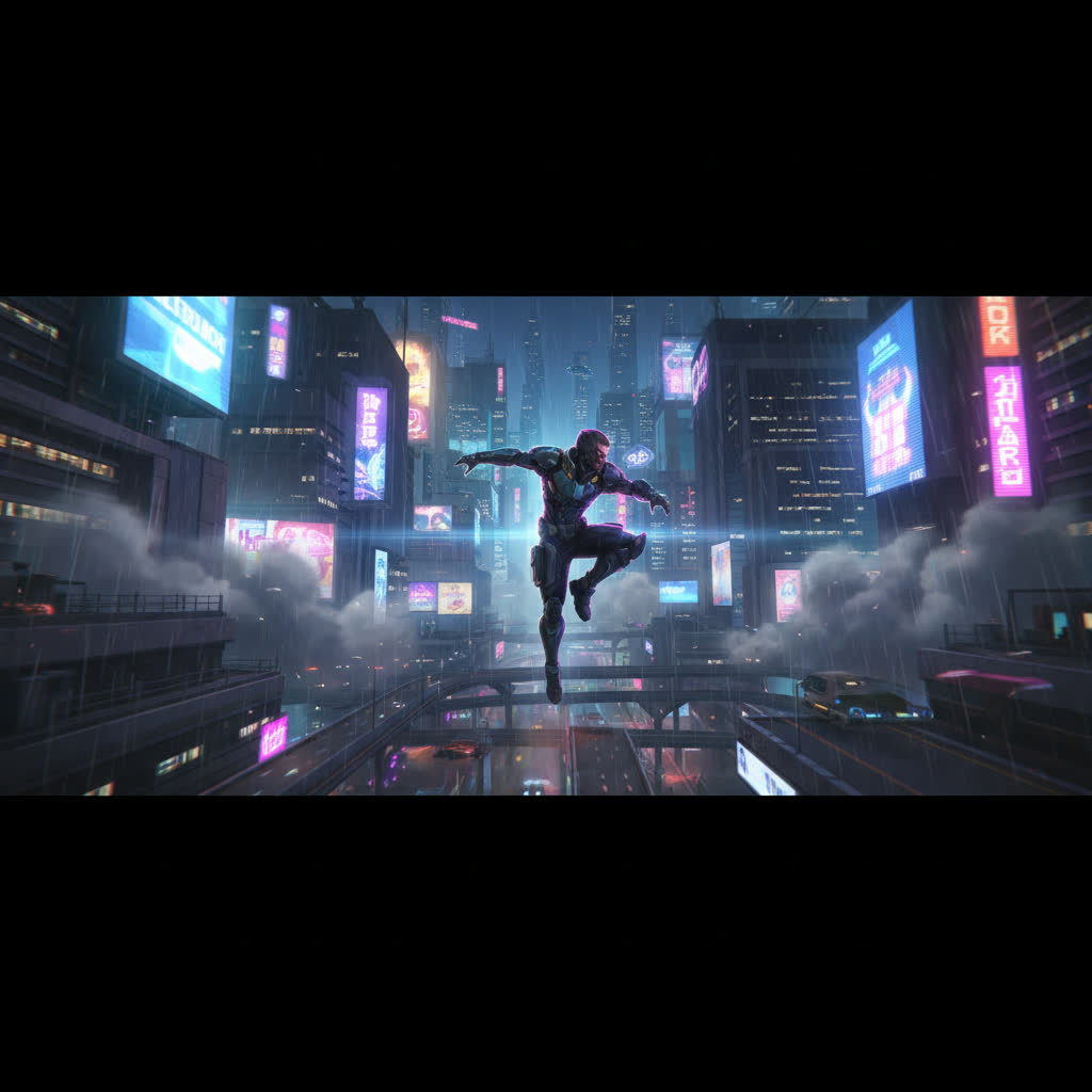 Cyberpunk mobile game hero art. AI-generated key art