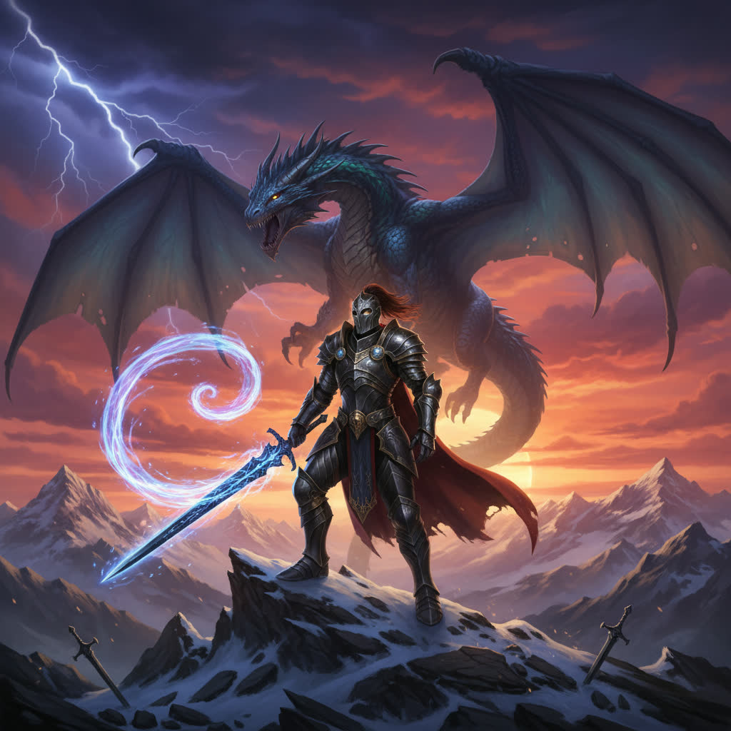 Fantasy warrior cover art, magical sword. AI-generated mobile game ad