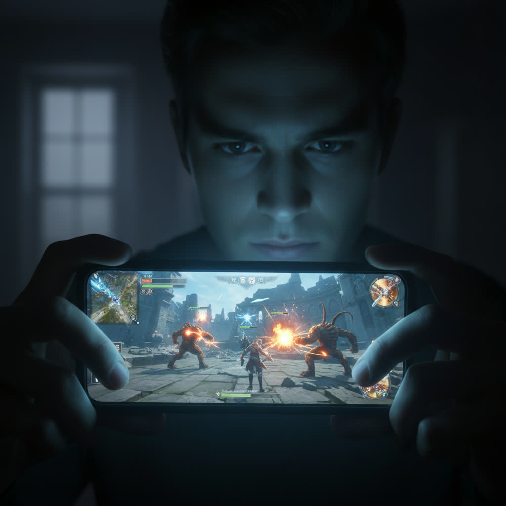 Mobile game vertical ad, hand holding phone in dark room. AI-generated