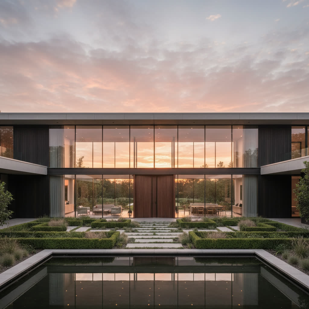 Luxury modern home exterior at golden hour. AI-generated real estate hero