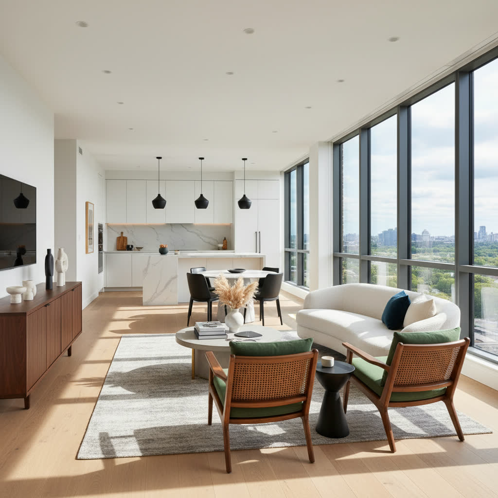 Open-plan living room with floor-to-ceiling windows. AI-generated listing