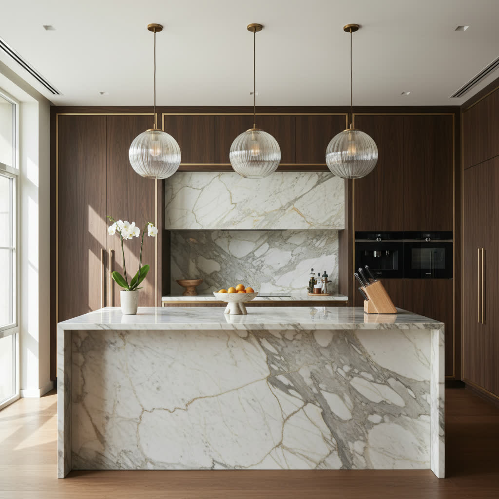 Luxury marble kitchen with pendant lights. AI-generated listing photography