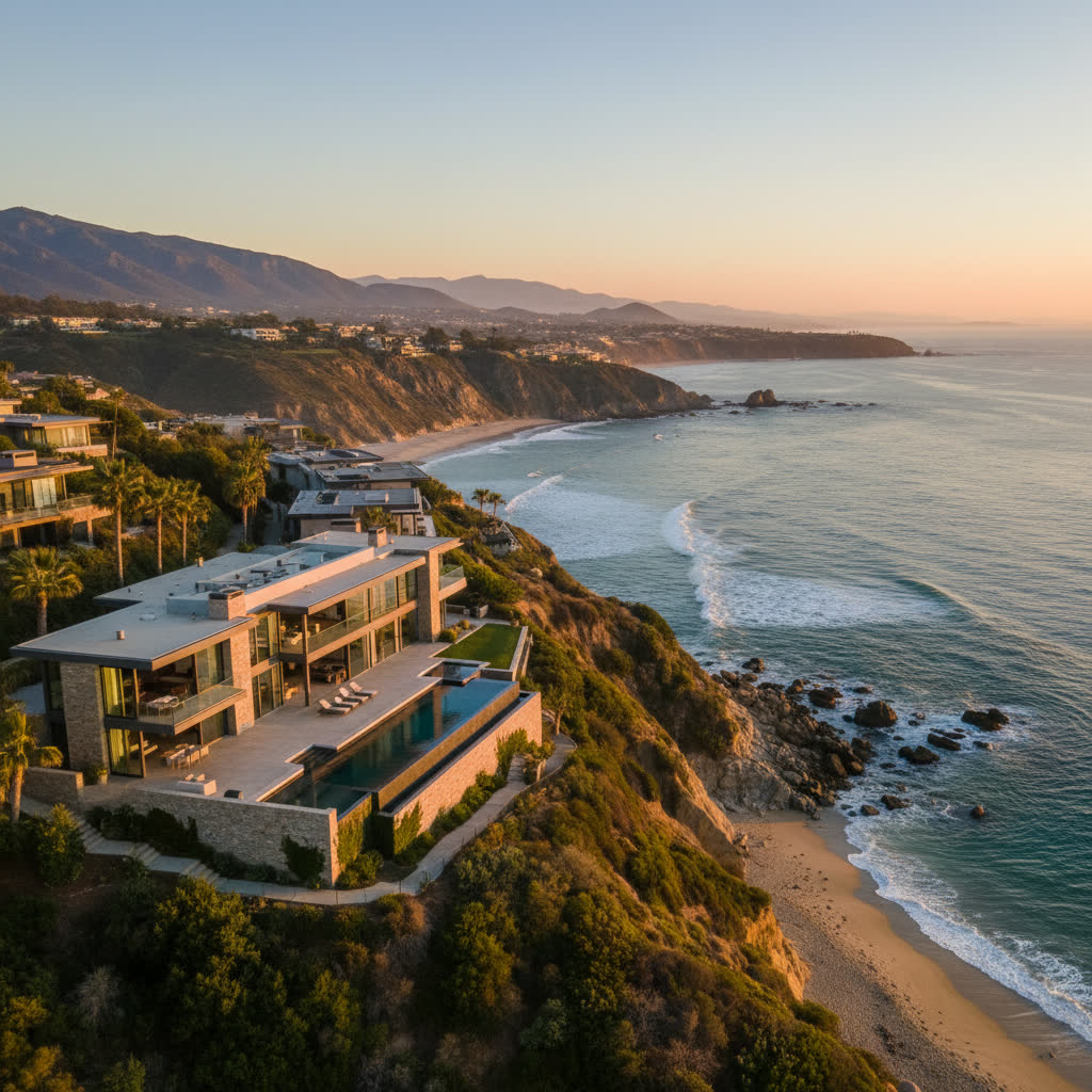 Aerial drone shot of hillside luxury home with pool. AI-generated
