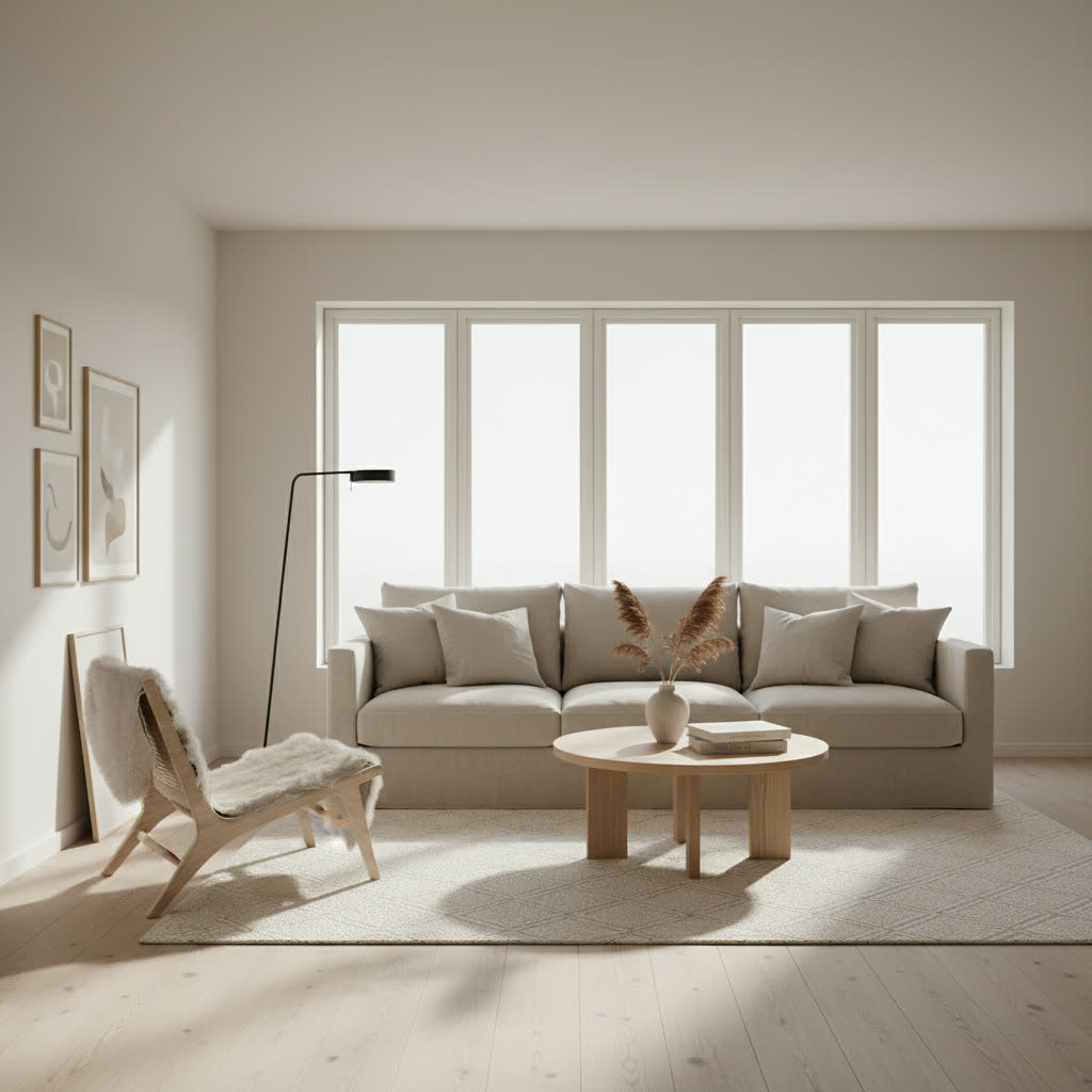 Minimalist Scandinavian living room. AI-generated home lifestyle hero