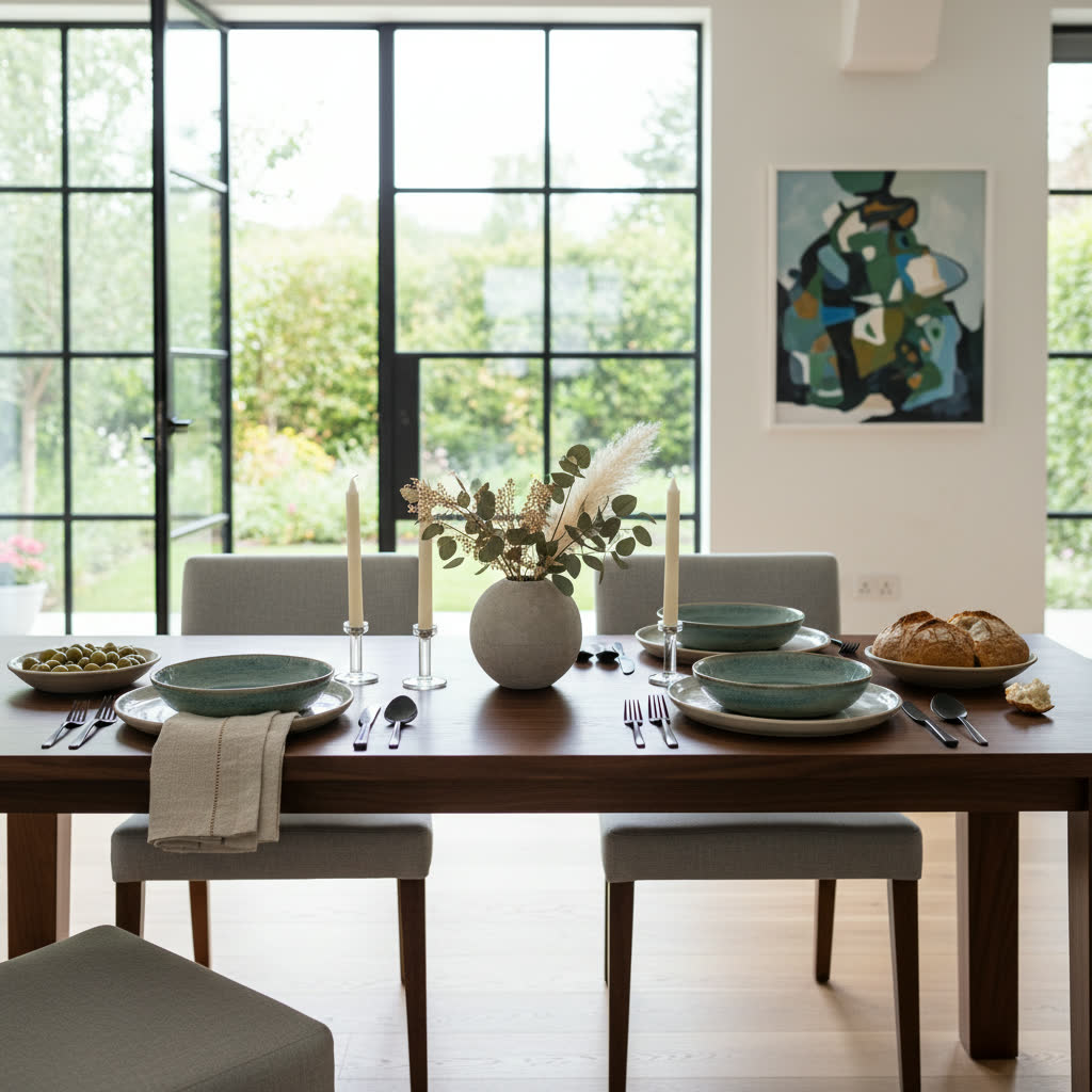 Modern dining table setting with natural light. AI-generated home editorial