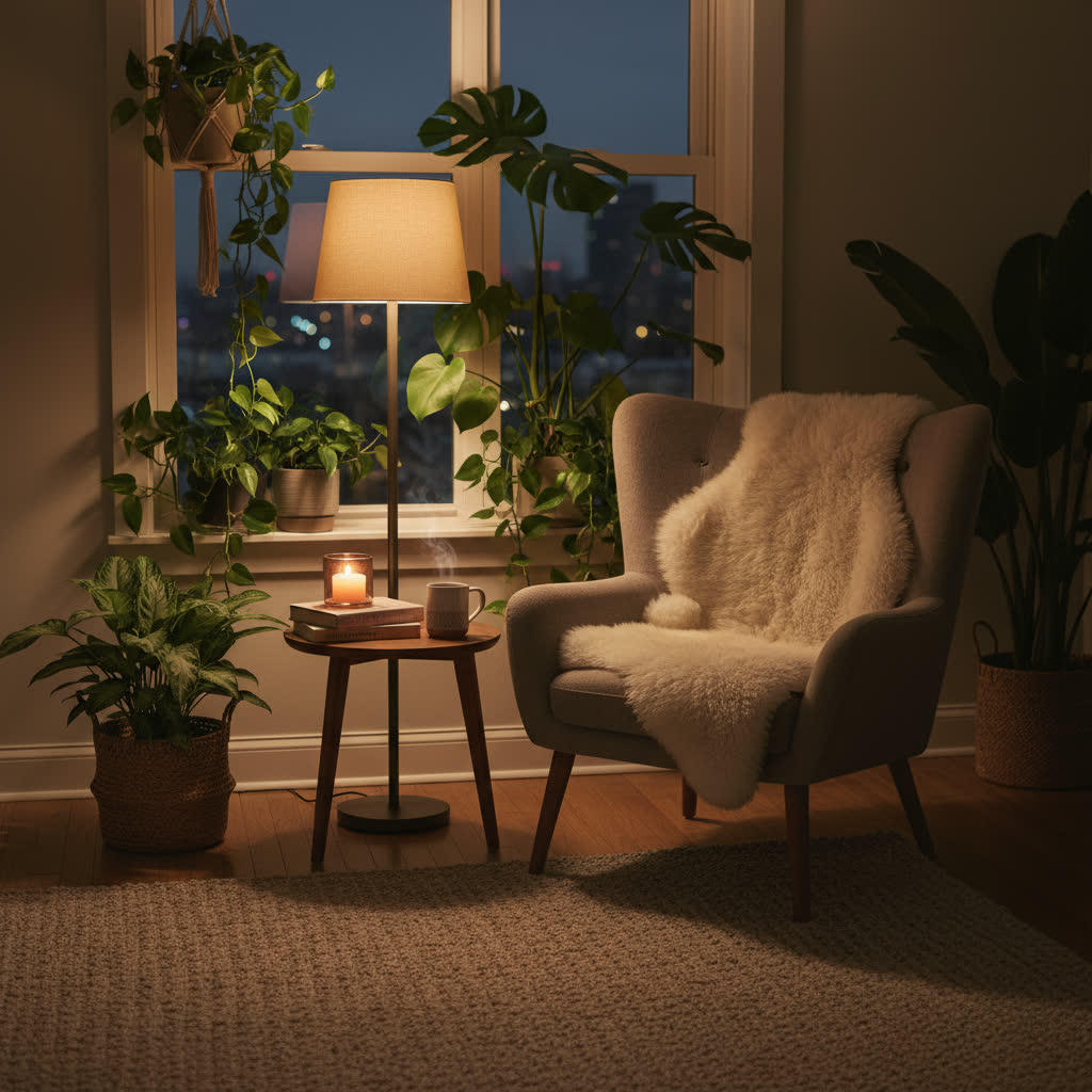 Cozy bedroom reading nook evening lamp light. AI-generated home lifestyle