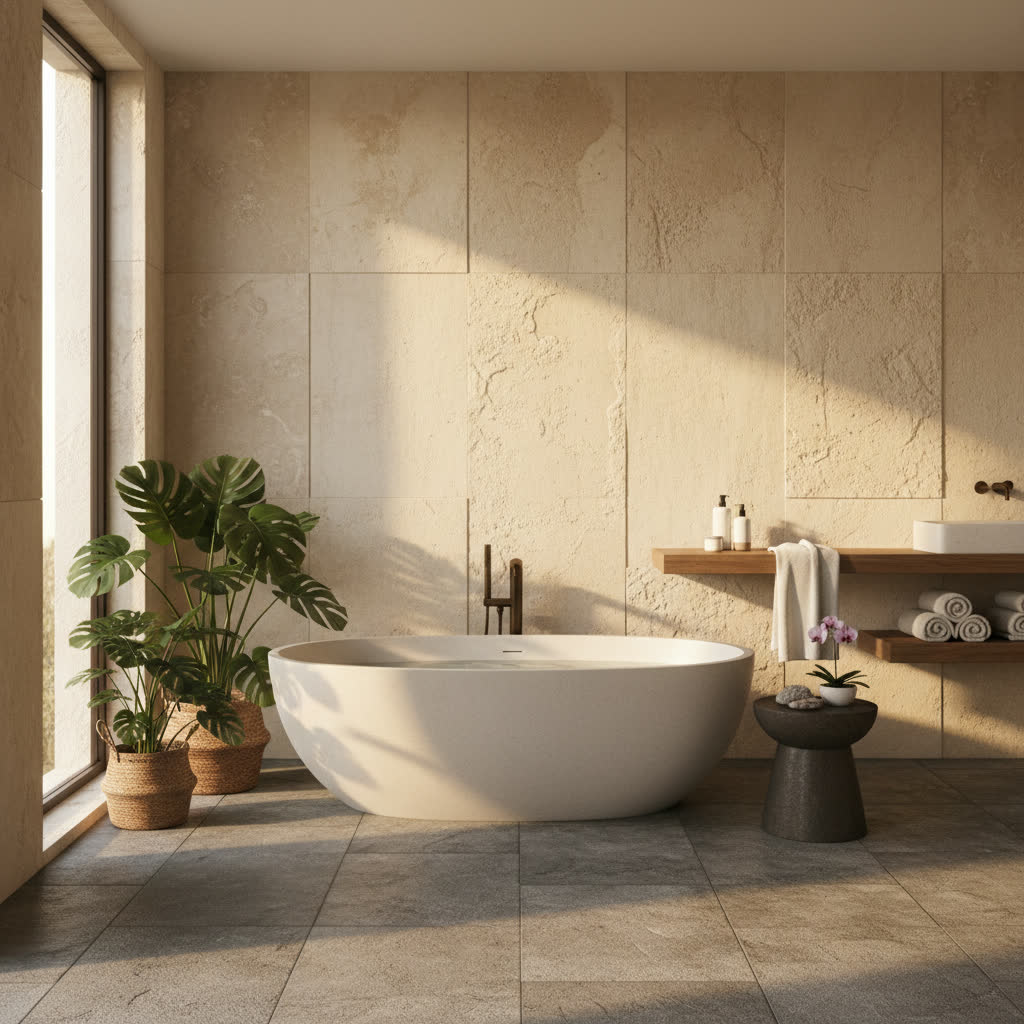 Spa-style bathroom with plants and stone. AI-generated interior lifestyle