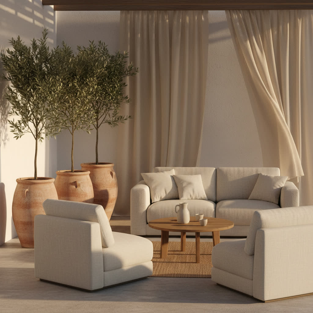 Minimalist outdoor patio at golden hour. AI-generated home lifestyle