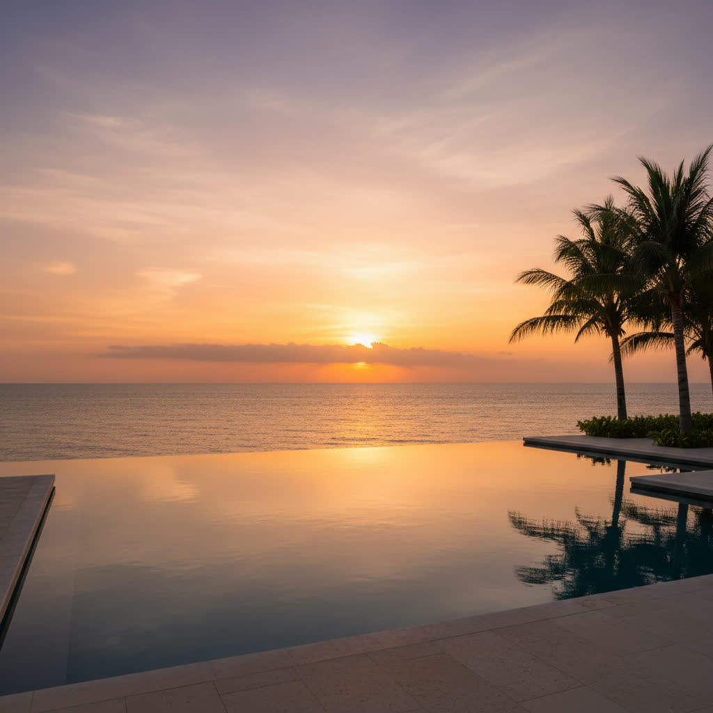 Luxury resort infinity pool at sunset. AI-generated travel hero