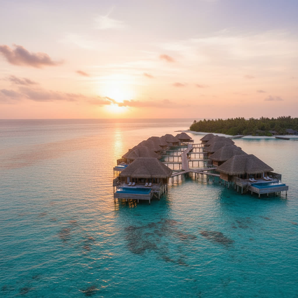 Overwater tropical villa at golden hour. AI-generated travel editorial