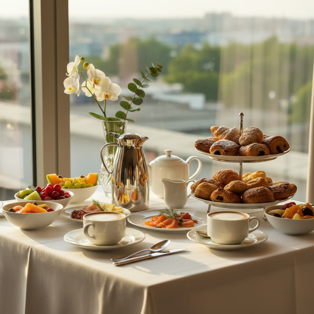Luxury hotel breakfast spread on white linen. AI-generated hospitality lifestyle