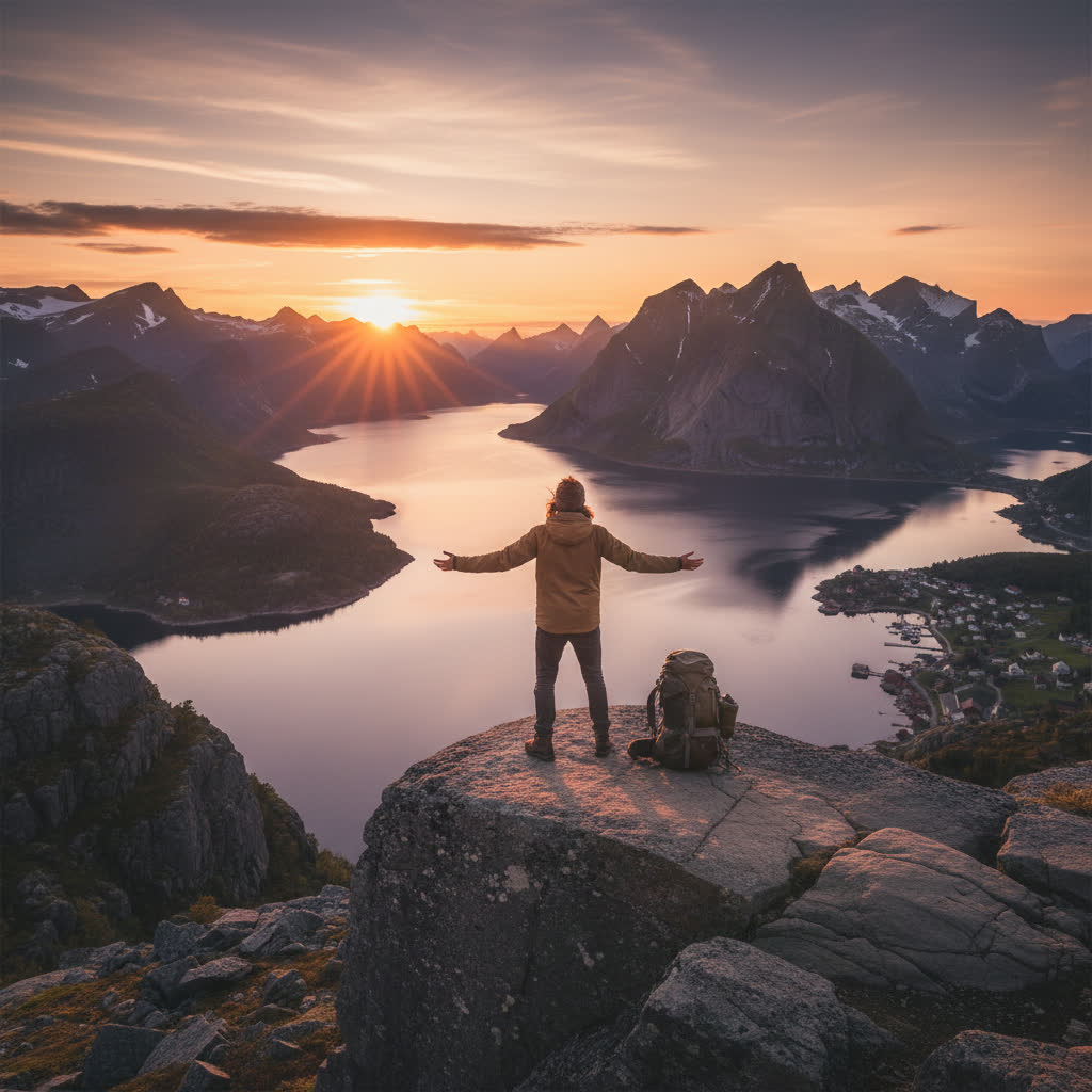 Solo traveler at cliff edge at sunset. AI-generated vertical travel ad