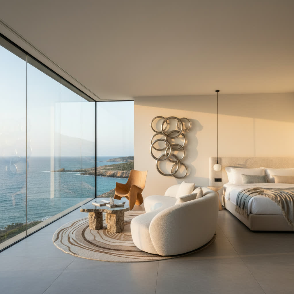 Boutique hotel suite with ocean view. AI-generated hospitality interior