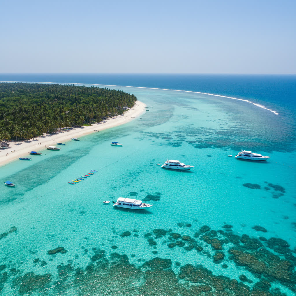 Aerial drone shot of turquoise tropical island beach. AI-generated travel hero