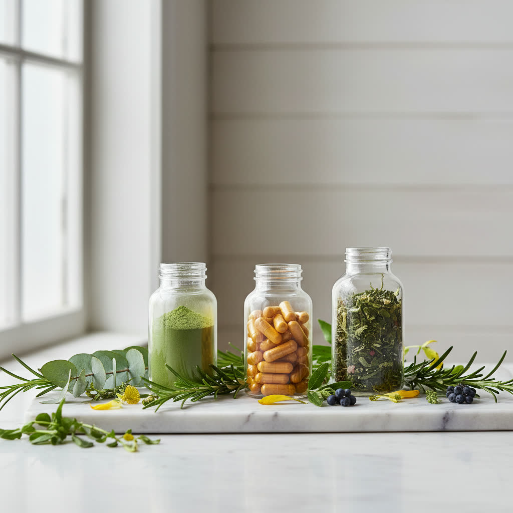 Editorial wellness hero, supplement bottles with botanicals. AI-generated