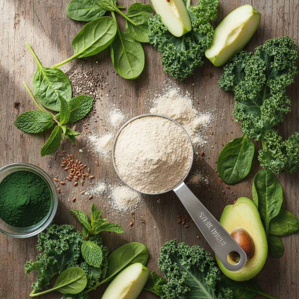 Supplement powder scoop with greens, overhead. AI-generated wellness lifestyle