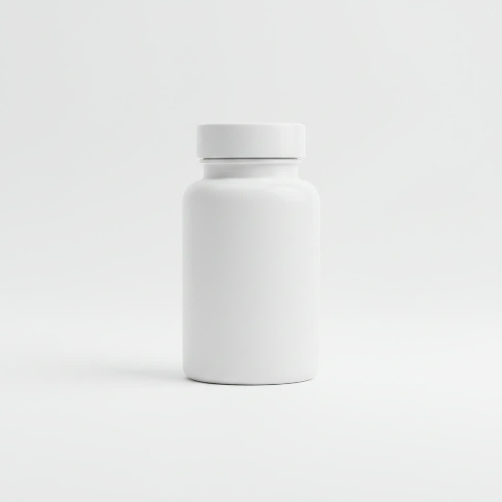 Minimalist supplement bottle studio shot. AI-generated ecommerce product