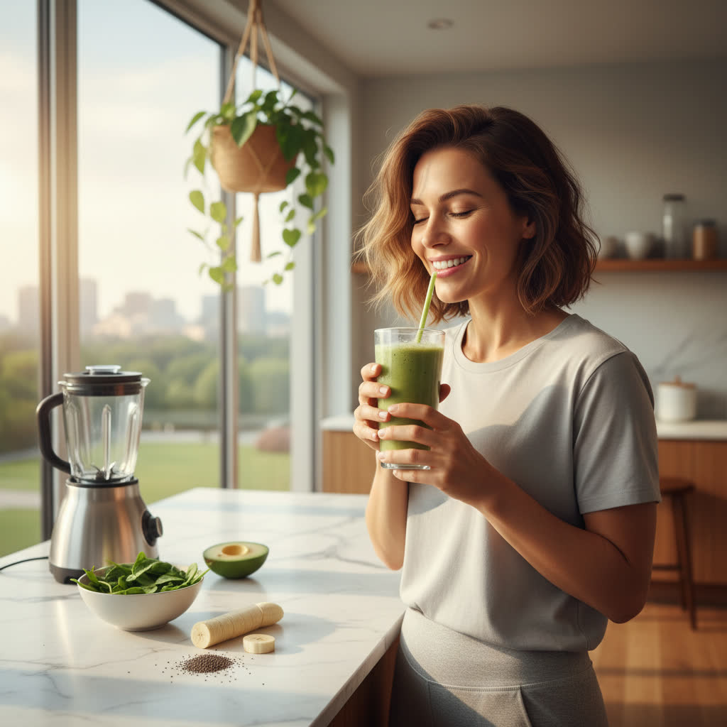 Woman with green morning shake in kitchen. AI-generated wellness vertical