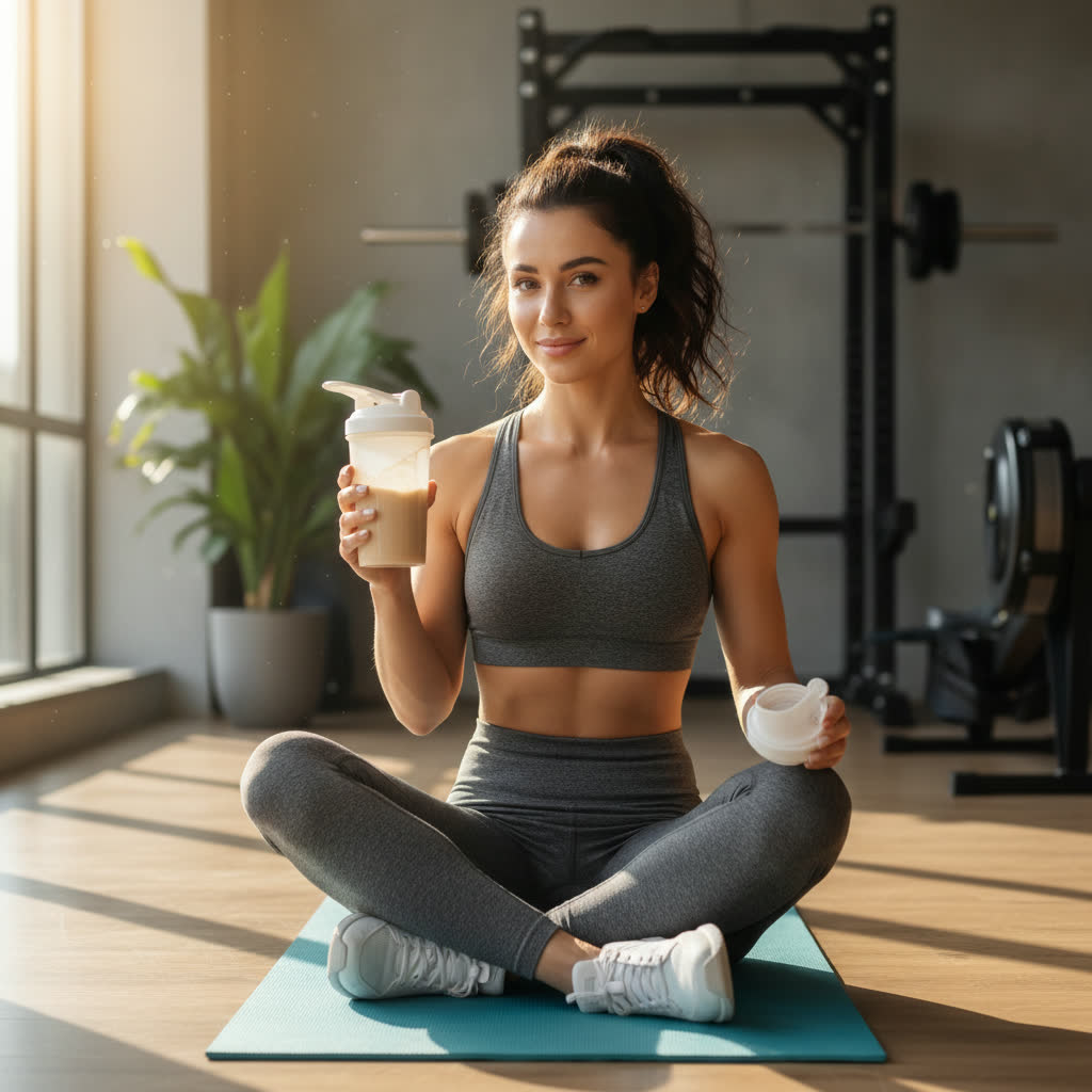 Athletic woman with protein shake on yoga mat. AI-generated wellness lifestyle