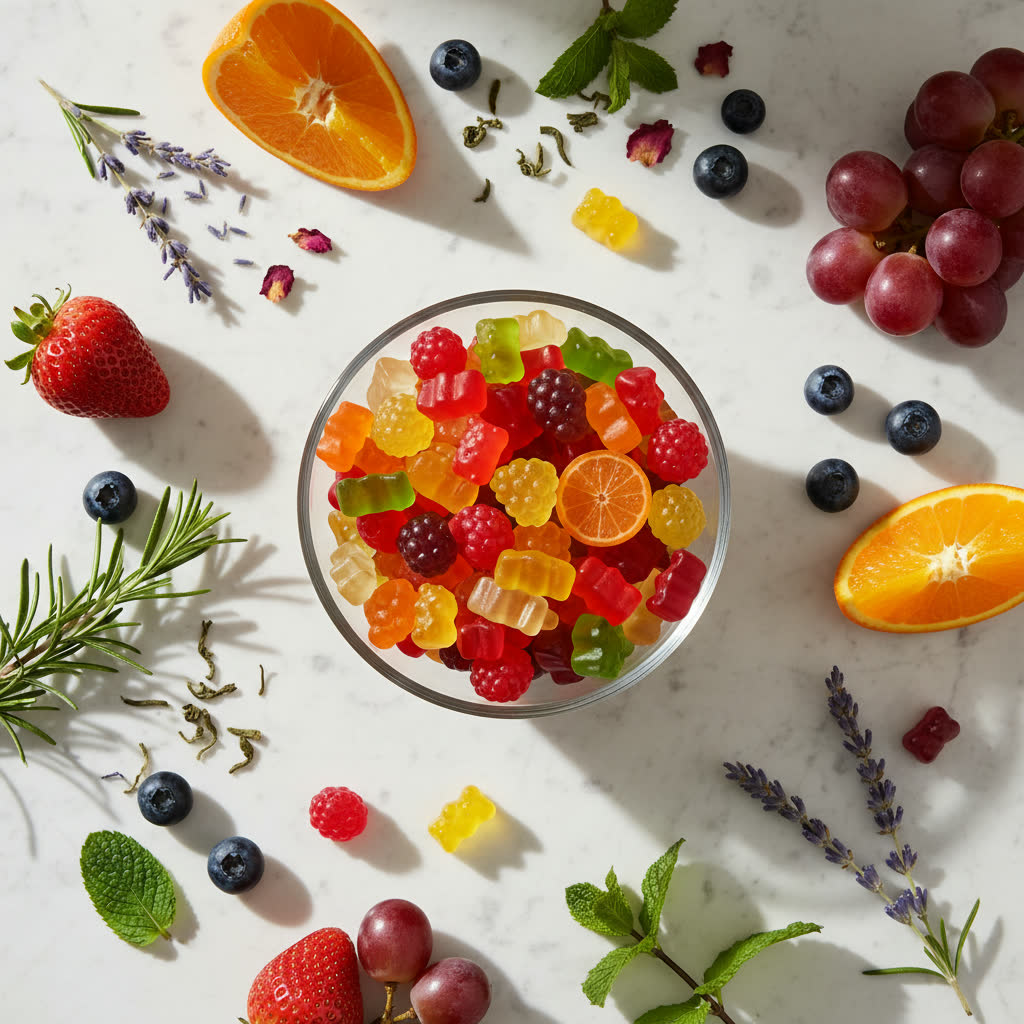 Vitamin gummies flat lay with fruits. AI-generated editorial wellness
